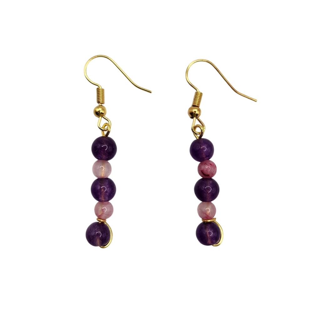 Handmade Purple Agate & Persian Pink Jade Dangle Earrings | 2" Artisan Jewelry